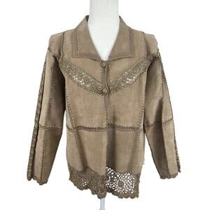 Vintage Krochetta Suede Leather Crochet Jacket Boho Festival Western Size Large